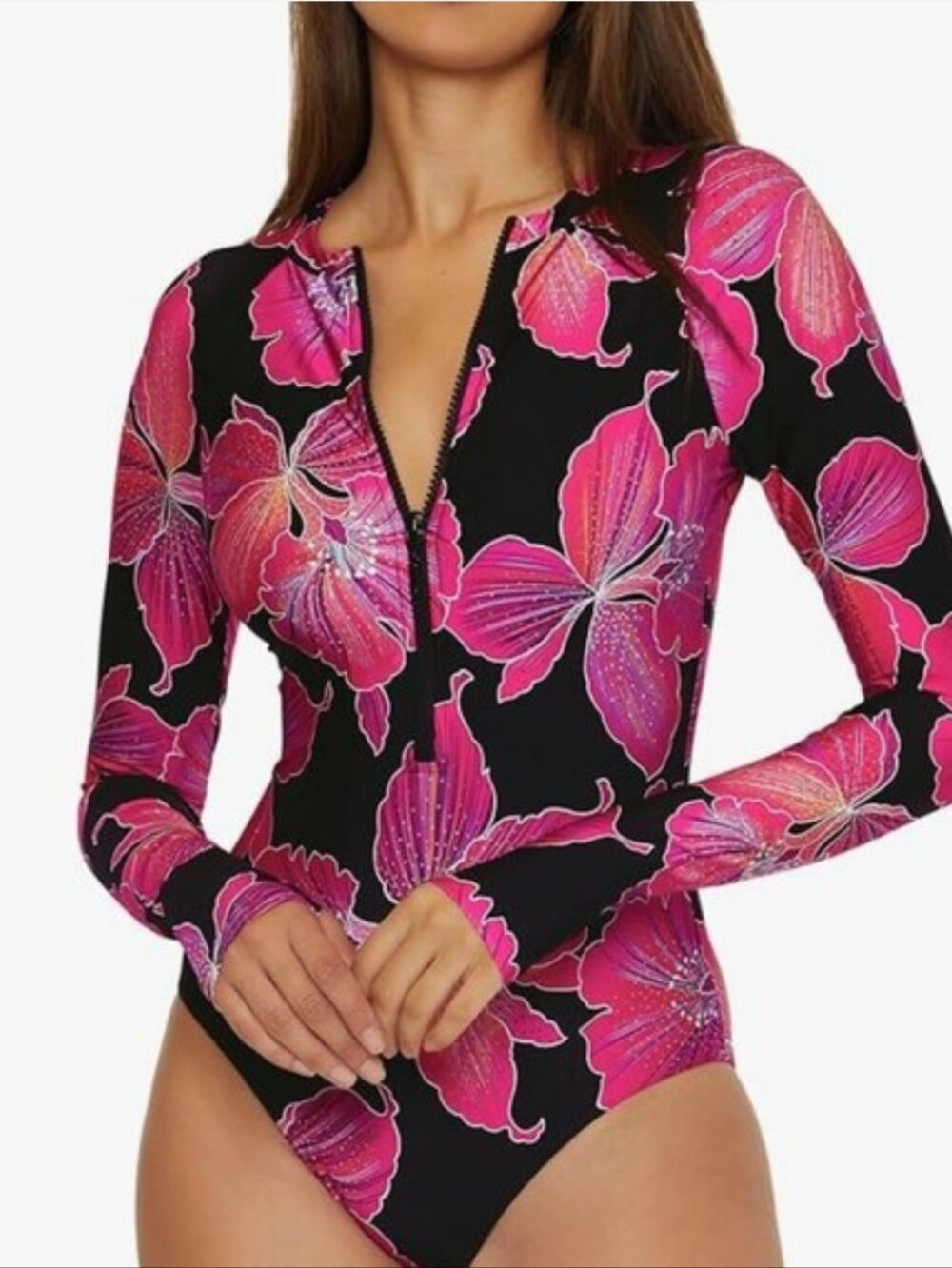 Trina Turk Fleury Floral Rashguard Paddle One Piece Long Sleeve Swimsuit Medium